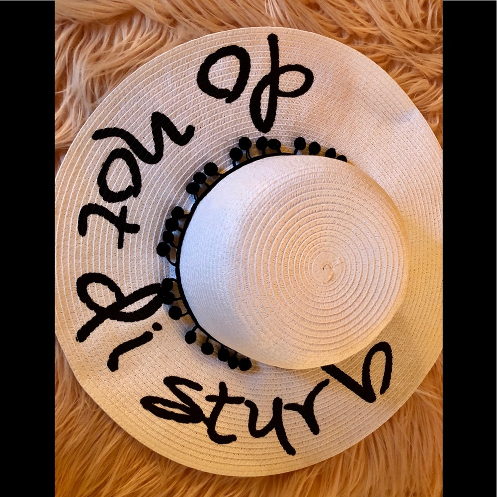 Beach Hat - “Do Not Disturb” -Black/White Pom Poms